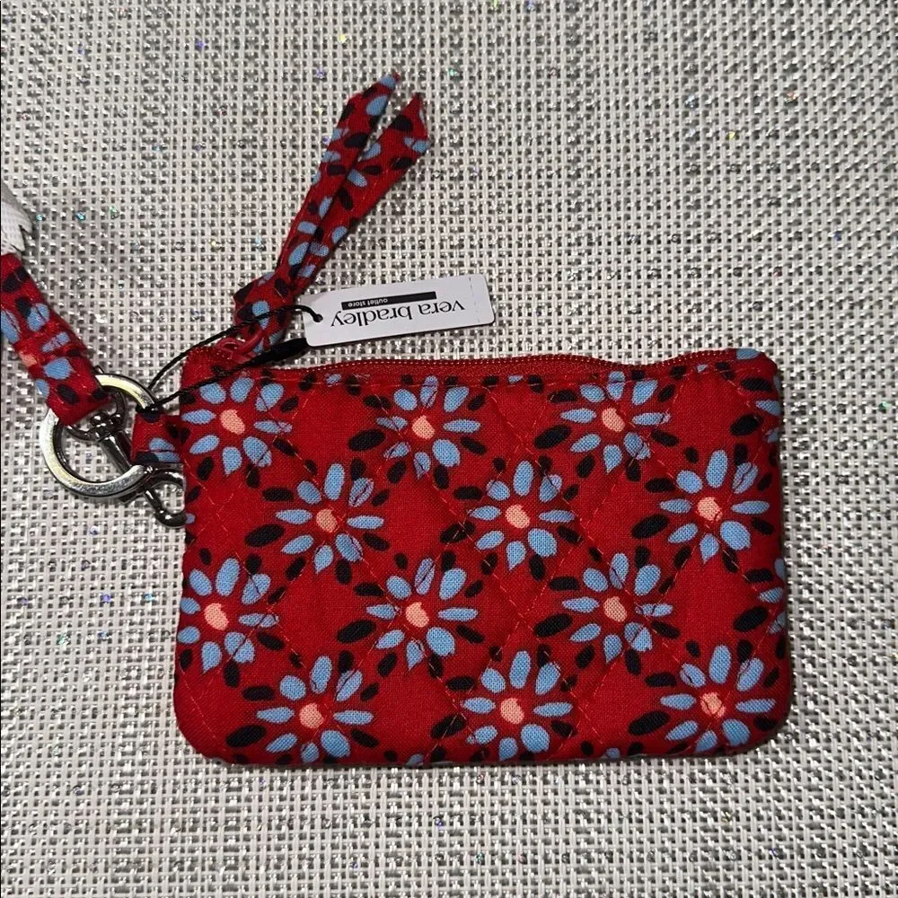 Vera Bradley Venetian Flowers Red Blue Quilted Cotton Zip ID Lanyard Wallet